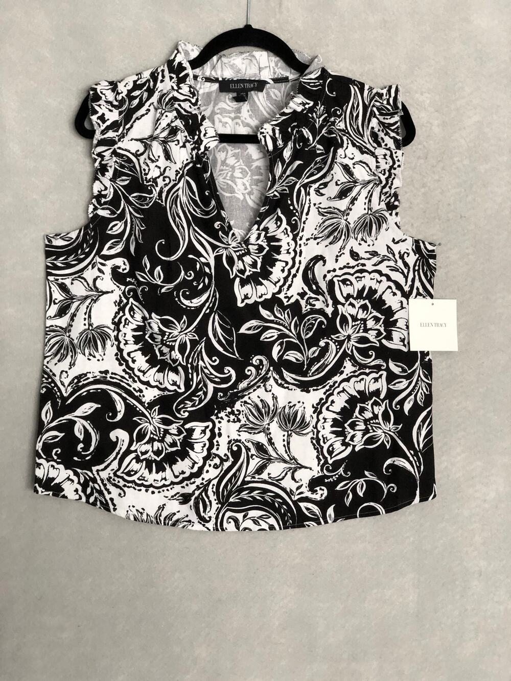 Ellen Tracy Linen Blend Top Ruffle in Black Batik Floral Women's Small NEW